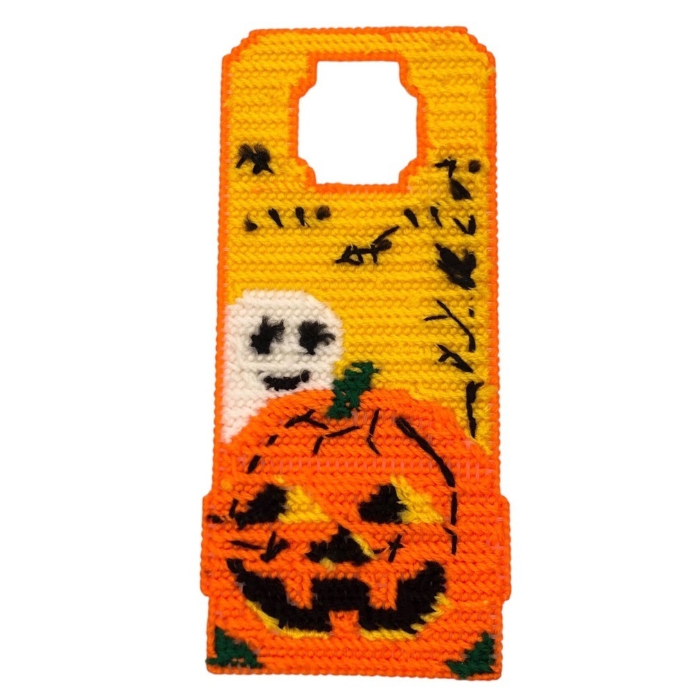 VINTAGE Halloween 80s 90s Lot of 2 Needlepoint Door Hanger Witch Pumpkin Ghost - Picture 7 of 7